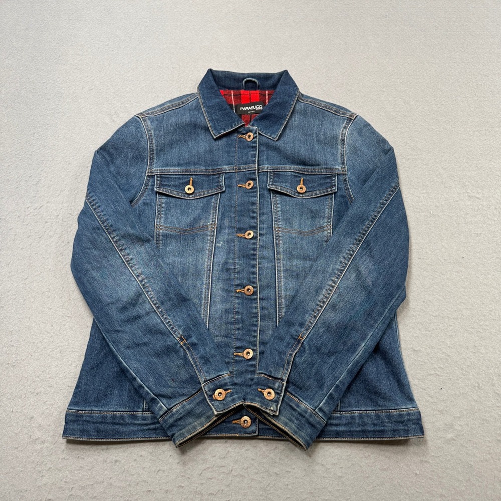 Parasuco Trucker Jacket Women's Large Blue Red Flannel Plaid Lined Classic Denim